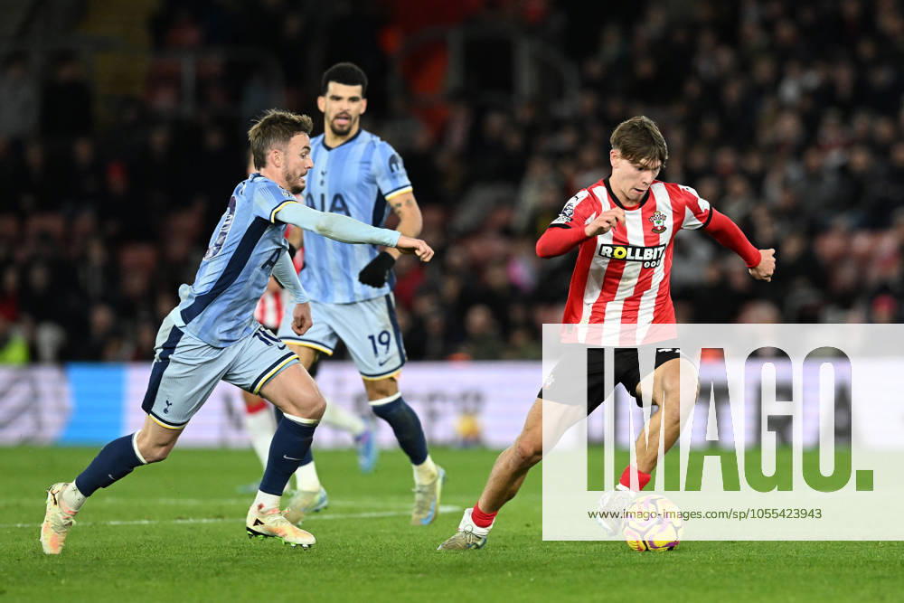 Southampton v Tottenham Hotspur Premier League 15 12 2024. Tyler Dibling (33) of Southampton on the attack battles for possession with James Maddison (10) of Tottenham Hotspur during the Premier League match between Southampton and Tottenham Hotspur at the St Mary s Stadium, Southampton, England on 15 December 2024. Southampton St Mary s Stadium Hampshire England Editorial use only DataCo restrictions apply See www.football-dataco.com ,