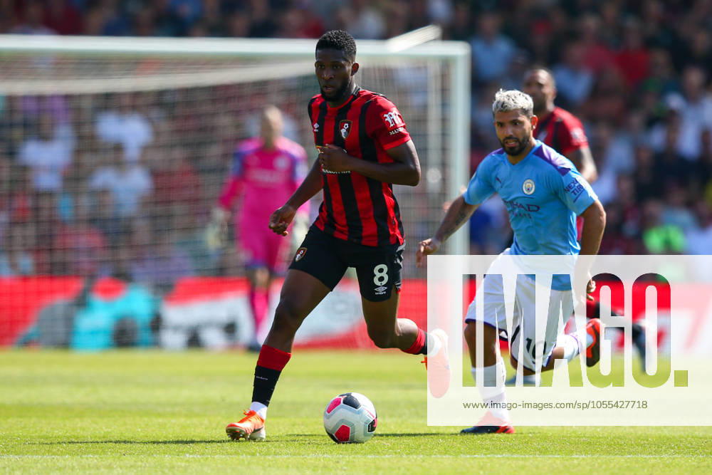 Bournemouth v Manchester City - Premier League - Vitality Stadium August 25, 2019, Bournemouth, United Kingdom: Jefferson Lerma of Bournemouth holds off the challenge from Sergio Aguero of Manchester City during the Premier League match at the Vitality Stadium, Bournemouth. Picture date: 25th August 2019. Picture credit should read: Craig Mercer Sportimage Bournemouth United Kingdom