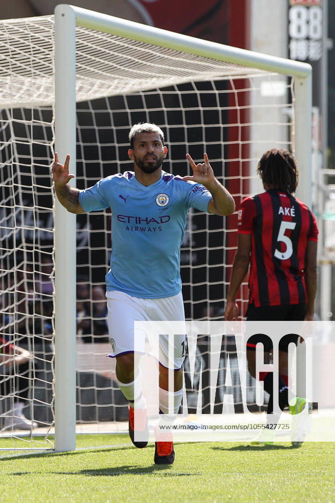 Bournemouth v Manchester City - Premier League - Vitality Stadium August 25, 2019, Bournemouth, United Kingdom: Sergio Aguero of Manchester City celebrates scoring his side s third goal during the Premier League match at the Vitality Stadium, Bournemouth. Picture date: 25th August 2019. Picture credit should read: Craig Mercer Sportimage Bournemouth United Kingdom
