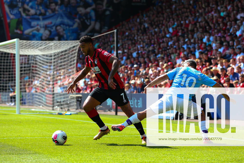 Bournemouth v Manchester City - Premier League - Vitality Stadium August 25, 2019, Bournemouth, United Kingdom: Joshua King of Bournemouth holds off the challenge from Sergio Aguero of Manchester City during the Premier League match at the Vitality Stadium, Bournemouth. Picture date: 25th August 2019. Picture credit should read: Craig Mercer Sportimage Bournemouth United Kingdom