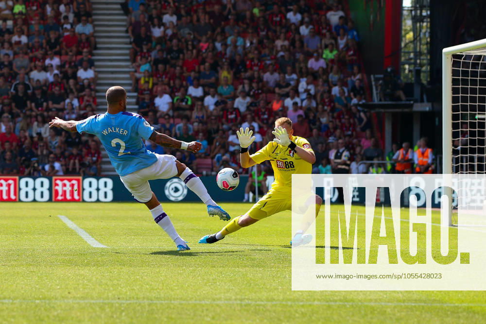 Bournemouth v Manchester City - Premier League - Vitality Stadium August 25, 2019, Bournemouth, United Kingdom: Kyle Walker of Manchester City sees his shot saved by Aaron Ramsdale of Bournemouth during the Premier League match at the Vitality Stadium, Bournemouth. Picture date: 25th August 2019. Picture credit should read: Craig Mercer Sportimage Bournemouth United Kingdom