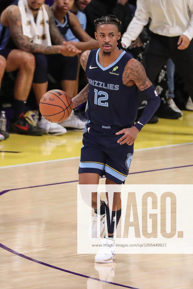 LOS ANGELES, CA - DECEMBER 15: Memphis Grizzlies guard Ja Morant (12) dribbles during the Memphis Grizzlies vs Los Angeles Lakers game on December 15, 2024, at Crypto.com Arena in Los Angeles, CA. (Photo by Jevone Moore Icon Sportswire) NBA, Basketball Herren, USA DEC 15 Grizzlies at Lakers Icon2024121594
