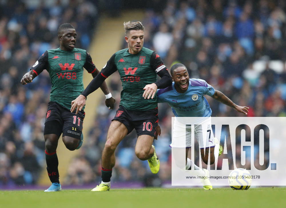 Manchester City v Aston Villa - Premier League - Etihad Stadium October 26, 2019, Manchester, United Kingdom: Jack Grealish of Aston Villa tussles with Raheem Sterling of Manchester City during the Premier League match at the Etihad Stadium, Manchester. Picture date: 26th October 2019. Picture credit should read: Darren Staples Sportimage Manchester United Kingdom