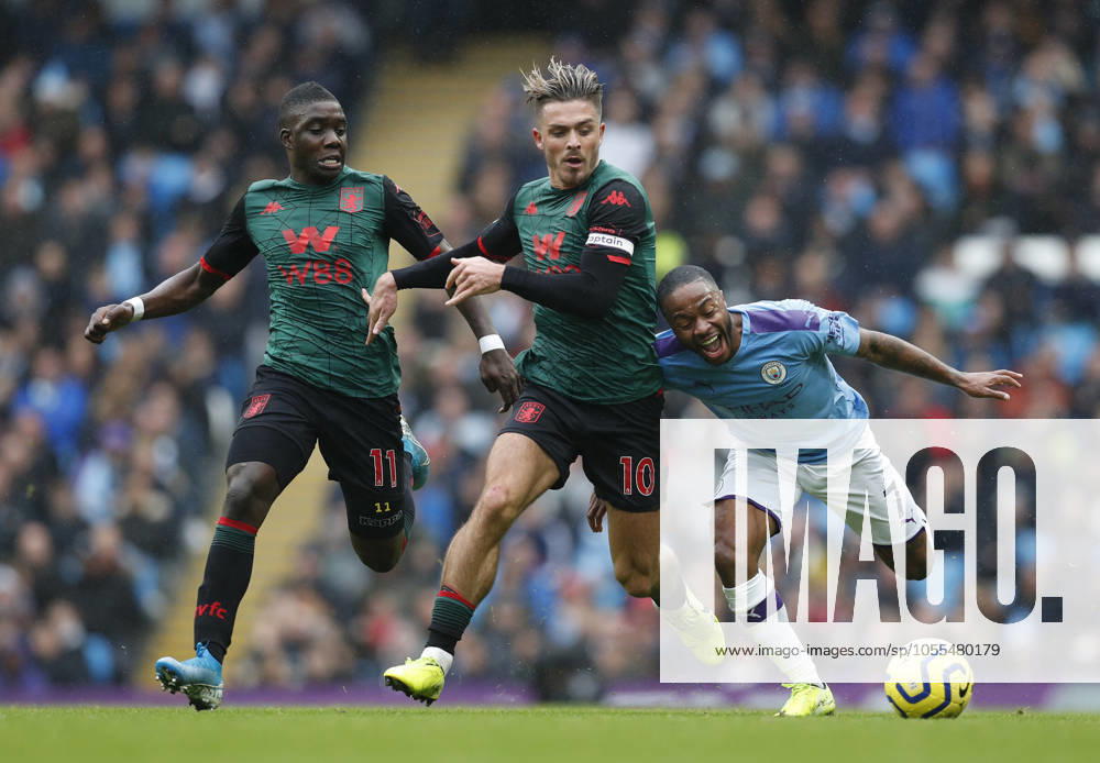 Manchester City v Aston Villa - Premier League - Etihad Stadium October 26, 2019, Manchester, United Kingdom: Jack Grealish of Aston Villa tussles with Raheem Sterling of Manchester City during the Premier League match at the Etihad Stadium, Manchester. Picture date: 26th October 2019. Picture credit should read: Darren Staples Sportimage Manchester United Kingdom