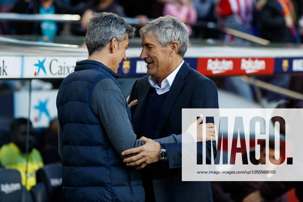 FC Barcelona, Barca v Real Sociedad - La Liga BARCELONA, SPAIN - MARCH 07:.Quique Setien of FC Barcelona with Imanol Alguacil of Real Sociedad during the Liga match between FC Barcelona and Real Sociedad at Camp Nou on March 07, 2020 in Barcelona, Spain. (Photo by DAX ESPA-Images) Barcelona Barcelona USA