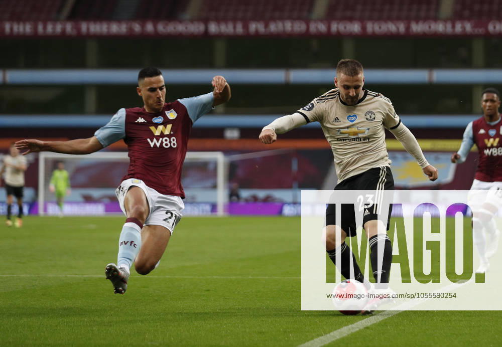 Aston Villa v Manchester United, ManU - Premier League - Villa Park July 9, 2020, Birmingham, United Kingdom: Anwar El Ghazi of Aston Villa and Luke Shaw of Manchester United during the Premier League match at Villa Park, Birmingham. Picture date: 9th July 2020. Picture credit should read: Darren Staples Sportimage Birmingham United Kingdom