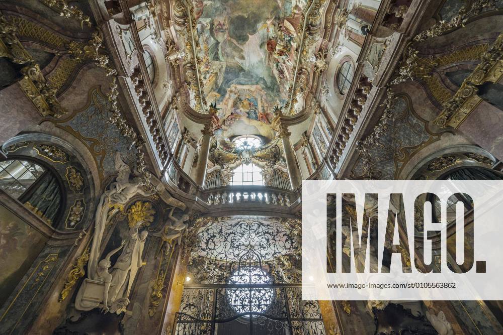 Entrance, organ loft and ceiling fresco, late baroque St Johann Nepomuk church, Asam church, Sendlinger Straße, Old town, Munich, Upper Bavaria, Bavaria, Germany, Europe