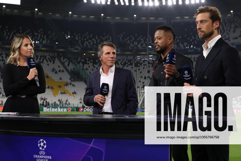 Juventus v Chelsea - UEFA Champions League - Group H - Allianz Stadium September 29, 2021, Turin, United Kingdom: Turin, Italy, 29th September 2021. The Amazon Prime commentary team ( L to R ): Giulia Mizzoni, Gianfranco Zola, Patrice Evra and Claudio Marchisio comment prior to the UEFA Champions League match at Allianz Stadium, Turin. Picture credit should read: Jonathan Moscrop Sportimage Turin United Kingdom