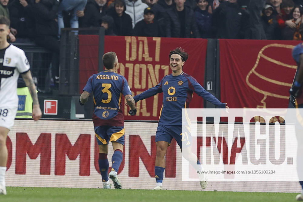 AS Roma v Parma - Serie A Paulo Dybala celebrates after scoring AS Roma s third goal during the Serie A soccer match against Parma Calcio at Stadio Olimpico in Rome, Italy, on December 22, 2024. Rome Italy