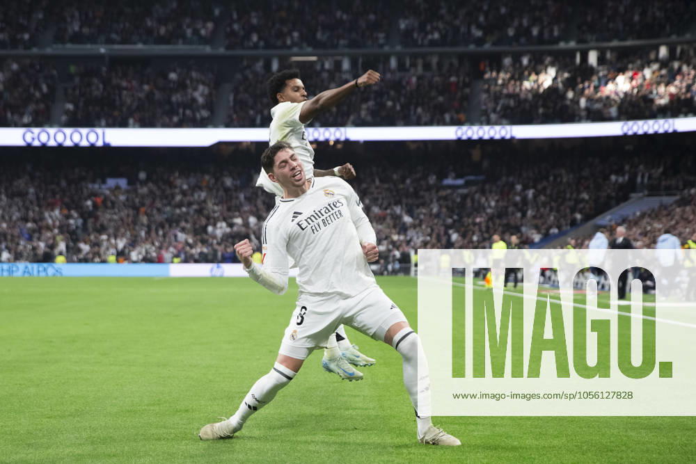 LA LIGA EA Sports - Real Madrid vs Sevilla MADRID, SPAIN - December 22: Federico Valverde of Real Madrid and Rodrygo Goes of Real Madrid celebrates a goal during the La Liga 2024 25 match between Real Madrid and Sevilla at Santiago Bernabeu Stadium. (Photo by Guillermo Martinez) Madrid Santiago Bernabà u Stadium Spain