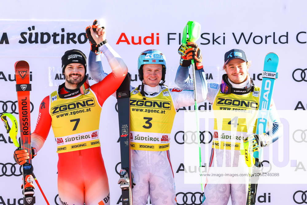 KW52 ALPINE SKIING - FIS WC Alta Badia ALTA BADIA,ITALY,23.DEC.24 - ALPINE SKIING - FIS World Cup, slalom, men. Image shows Loic Meillard (SUI), Timon Haugan (NOR) and Atle Lie McGrath (NOR). GEPAxpictures xPatrickxSteiner