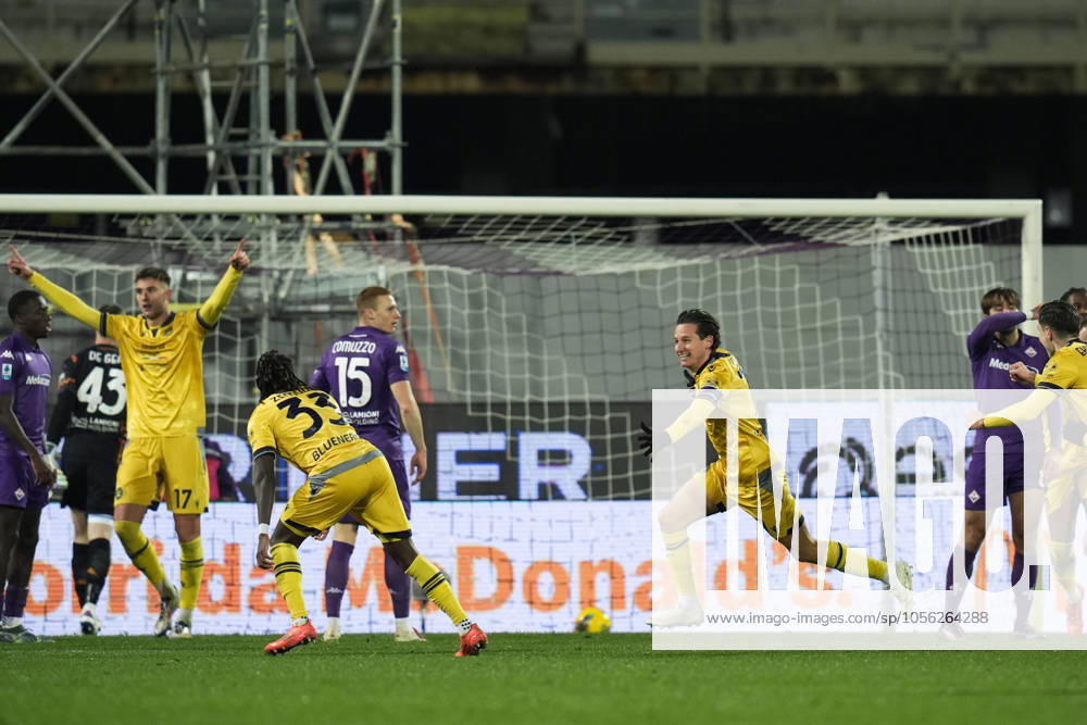 Udinese s Florian Thauvin celebrates after scoring the 1-2 goal for his team during the Serie A Enilive 2024 2025 match between Fiorentina and Udinese - Serie A Enilive at Artemio Franchi Stadium - Soccer - Florence, Italy - Monday December 23, 2024
