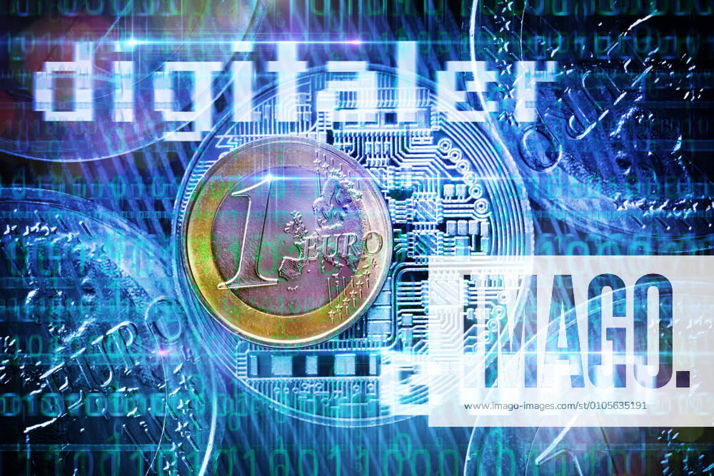 PHOTOMONTAGE, One Euro coin and binary code, digital Euro ** NUR FUER REDAKTIONELLE ZWECKE ** **
