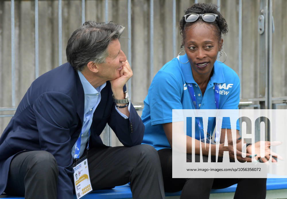 Track and Field: IAAF World Relays press conference, PK, Pressekonferenz IAAF president Sebastian Coe (left) and Gail Devers talk during a news conference prior to the IAAF World Relays, Friday, May 10, 2019, in Yokohama, Japan. Yokohama Japan