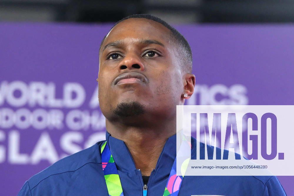 World Athletics Indoor Championships 2024 at Emirates Arena, Glasgow, Scotland on 02 March 2024: Christian COLEMAN (USA) stands for the national anthem after receiving his gold medal for the men’s 60m Glasgow Emirates Arena Scotland Scotland