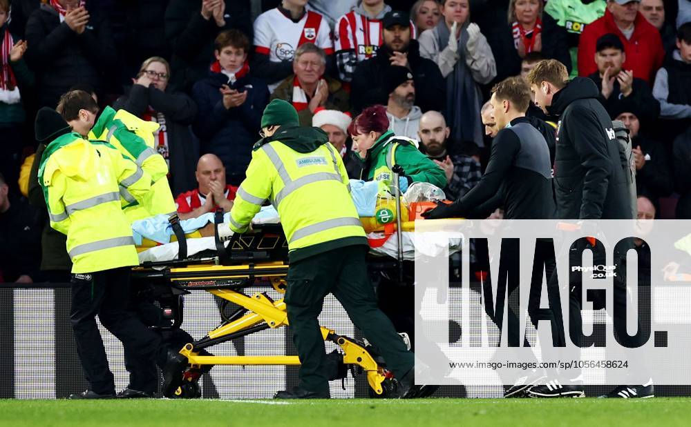 Lukasz Fabianski of West Ham United leaves the field on a stretcher after picking up an injury. Southampton v West Ham United, Premier League, Football, St Mary s Stadium, Southampton, UK - 26 Dec 2024