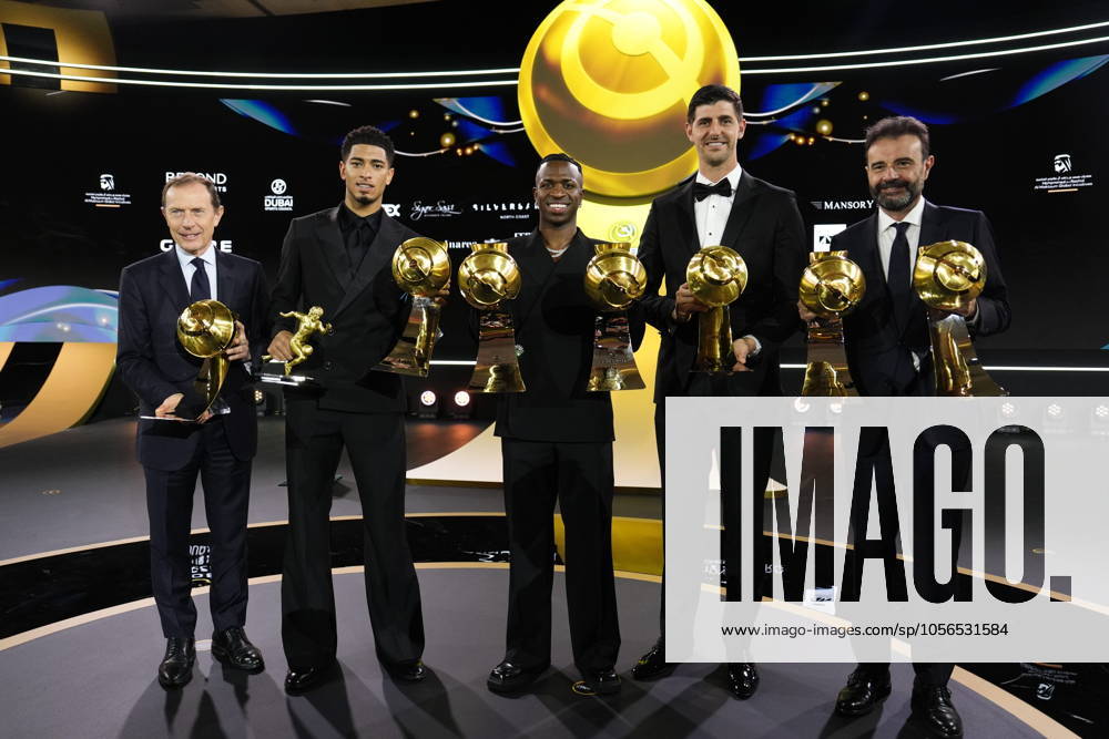 KW52 Emilio Santos Butragueno Former Footballer,Thibaut Courtois Belgian Soccer Goalkeeper Real Madrid,Vinicius Junior Professional Footballer awarded as Best man player,Jude Belligham Professional Footballer ,Jorge Mendes Portuguese Football Agent during the Globe Soccer Awards 2025 - 15h edition. Dubai, UAE