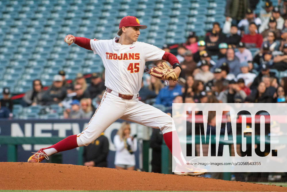 NCAA, College League, USA Baseball: Long Beach State vs Southern California USC Trojans starting pitcher Jaden Agassi (45) in the first inning during a regular season game at Angel Stadium against the Long Beach State Dirtbags on Tuesday, May 2, 2023 in Anaheim, Calif. The Dirtbags defeated the Trojans 8-4. (Aliyah Navarro Image of Anaheim California United States