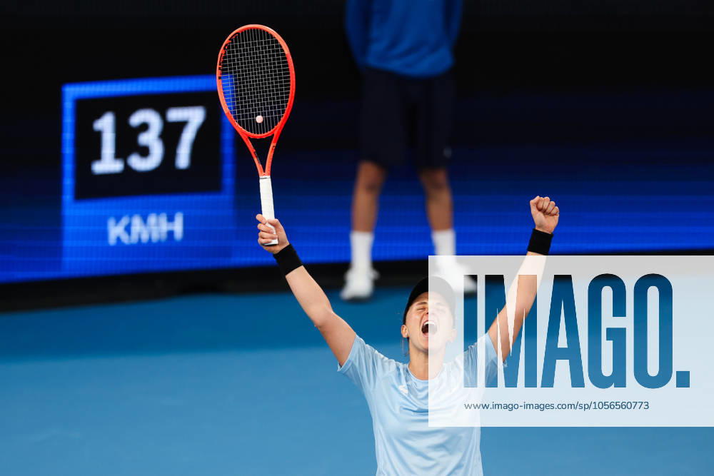 KW52 TENNIS UNITED CUP SYDNEY, Nadia Podoroska of Team Argentina celebrates match point in her Group F singles match against Olivia Gadecki of Team Australia during Day 2 of United Cup at Ken Rosewall Arena in Sydney, Saturday, December 28, 2024. ( NO ARCHIVING, , NO USE IN BOOKS WITHOUT CONSENT SYDNEY NEW SOUTH WALES AUSTRALIA