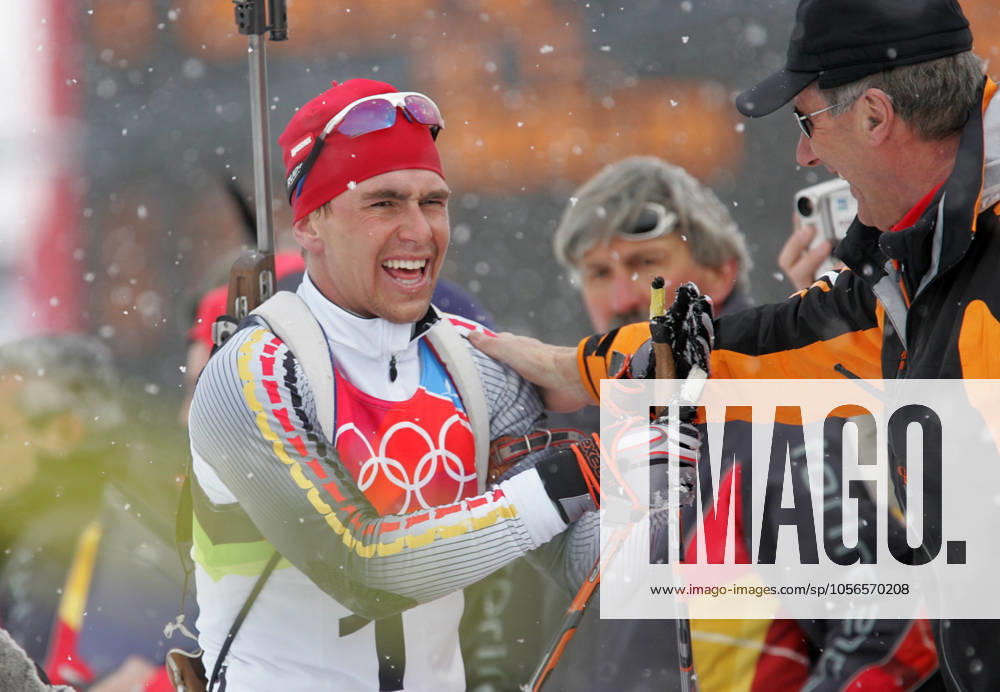 Michael Greis of Germany reacts after winning the gold medal in the men s 15 KM mass start biathlon competition at Cesana San Sicario, Italy Saturday February 25, 2006. (Ron Jenkins Fort Worth Star-Telegram KRT) CESANA SAN SICARIO ITA