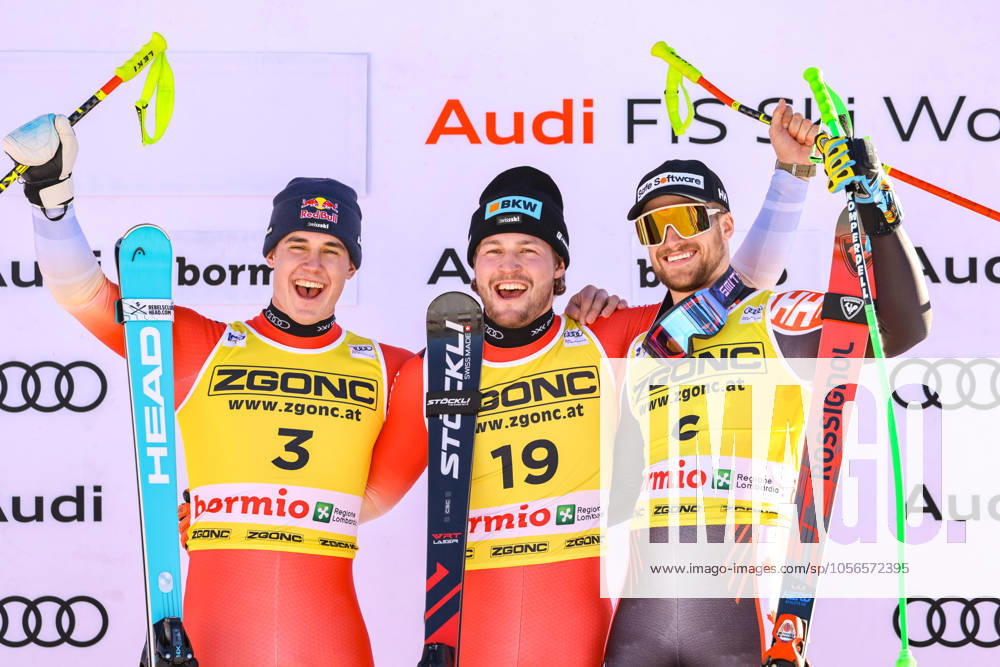 KW52 ALPINE SKIING - FIS WC Bormio BORMIO,ITALY,28.DEC.24 - ALPINE SKIING - FIS World Cup, downhill, men. Image shows Franjo von Allmen, Alexis Monney (SUI) and Cameron Alexander (CAN). GEPAxpictures xMathiasxMandl