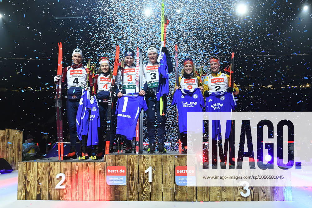 Biathlon at Schalke 2024 on 28 12 2024 in the Veltins Arena in Gelsenkirchen Winner photo Group photo 3rd place Charlotte Gallbronner Germany and Linus Kesper Germany 2nd place Wilma Anhaus Austria and Thomas Marchl Austria 1st place Guro Femsteinevik Norway and Sivert Silsand Gerhardsen Norway xRx