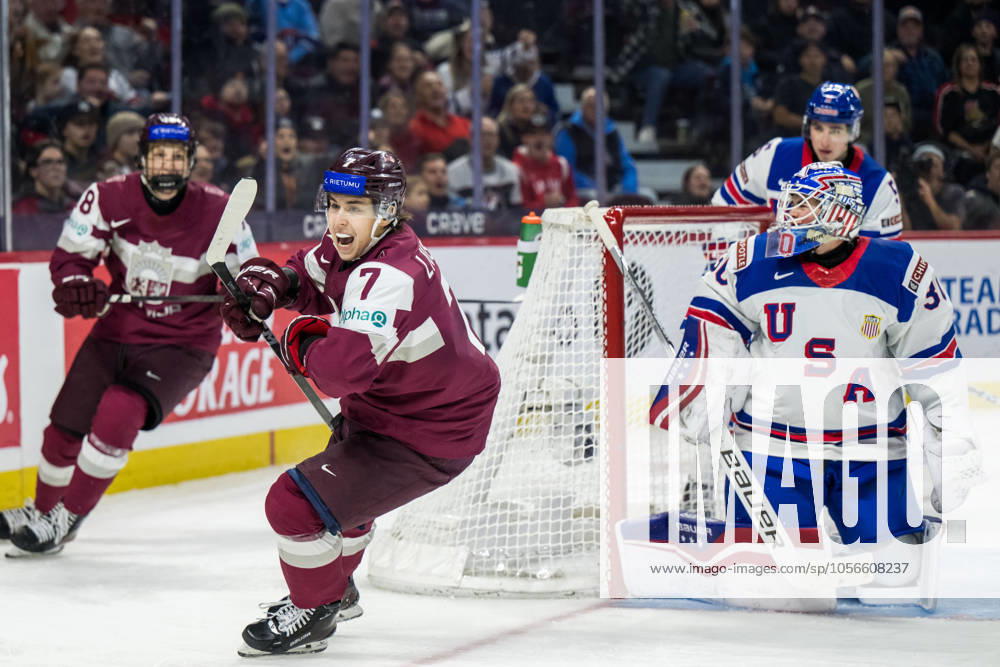 Davids Livsics of Latvia celebrates during scoring 1 4 during the 2025 IIHF World Junior Championship game between Latvia and USA on December 28, 2024 in Ottawa Photo Mathias Bergeld BILDBYRAN kod MB MB1030 ishockey ice hockey jvm junior vm u20 2025 iihf world junior championship world juniors latvia usa 3 bbeng jubel