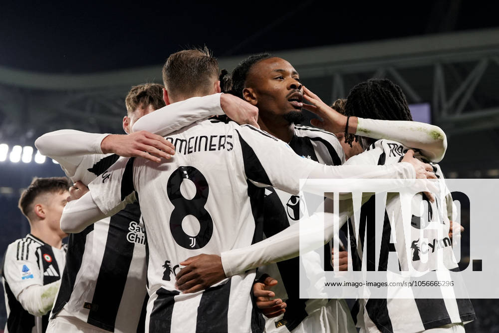 KW52 Juventus Khephren Thuram celebrates after scoring the 1-0 goal for his team during the Serie A soccer match between Juventus and Fiorentina at the Juventus Stadium in Turin, north west Italy - December 29, 2024. - Soccer FC