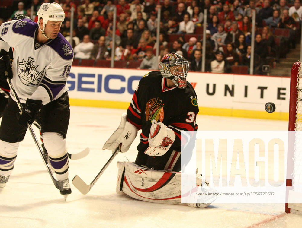 HKN-KINGS-BLACKHAWKS Chicago Blackhawks goalie Nikolai Khabibulin watches a puck after it hit the post in the second period hit by Los Angeles Kings Anze Kopitar (11) at the United Center in Chicago, Illinois, on Sunday March 22, 2009. On the left, Los Angeles Kings Kyle Calder (19) awaits the rebound. (Nuccio DiNuzzo Chicago Tribune MCT) Chicago IL USA