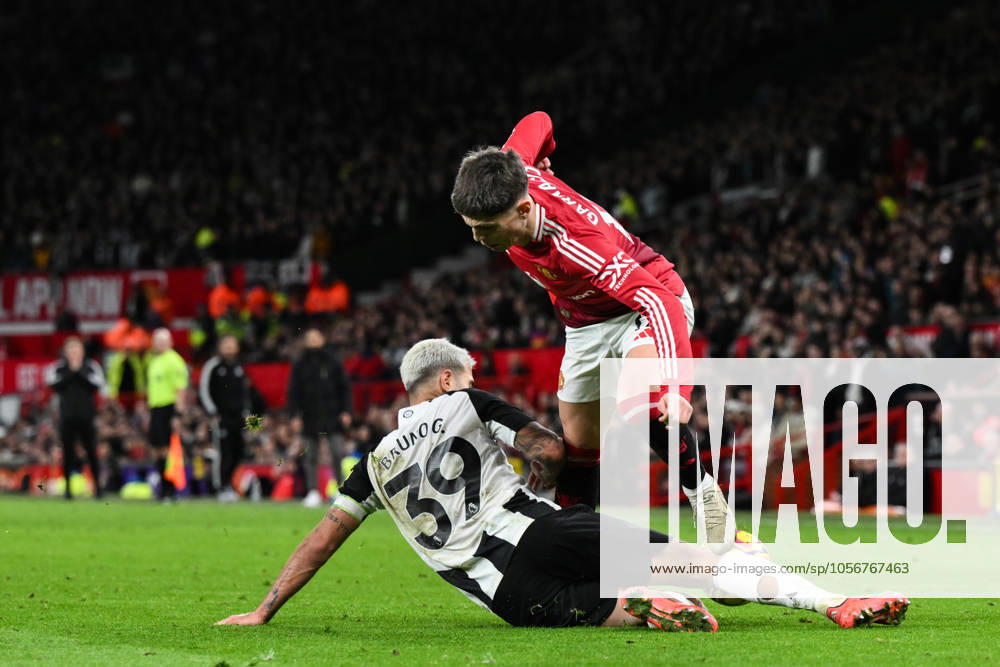 Premier League Manchester United, ManU v Newcastle United Bruno Guimaraes of Newcastle United tackles Alejandro Garnacho of Manchester United during the Premier League match Manchester United vs Newcastle United at Old Trafford, Manchester, United Kingdom, 30th December 2024 (Photo by Craig Thomas News Images) Manchester Old Trafford Greater Manchester United Kingdom