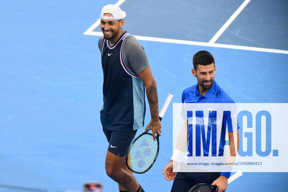 TENNIS BRISBANE INTERNATIONAL, Nick Kyrgios of Australia and Novak Djokovic of Serbia react during the Brisbane International Second Round doubles match between Nick Kyrgios of Australia and Novak Djokovic of Serbia and Nikola Mektic and Michael Venus of New Zealand at Queensland Tennis Centre in Brisbane, Wednesday, January 1, 2025. ( NO ARCHIVING, , NO USE IN BOOKS WITHOUT CONSENT BRISBANE QUEENSLAND AUSTRALIA