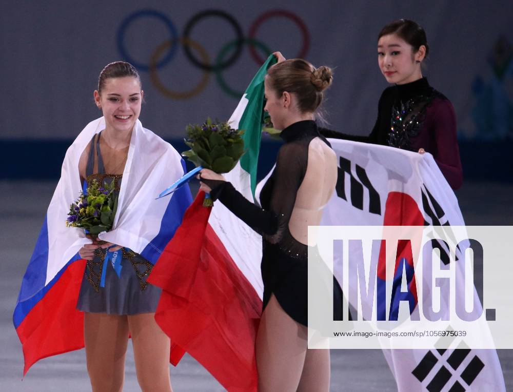Ladies Free Skate Figure skating, Eiskunstlauf Adelina Sotnikova (left) of Russia celebrates her gold medal in ladies figure skating at the Iceberg Skating Palace during the Winter Olympics in Sochi, Russia, Thursday, Feb. 20, 2014. Carolina Kostner of Italy (center) won the bronze and Yuna Kim of South Korea won the silver. (Brian Cassella Chicago Tribune MCT) SOCHI RUS
