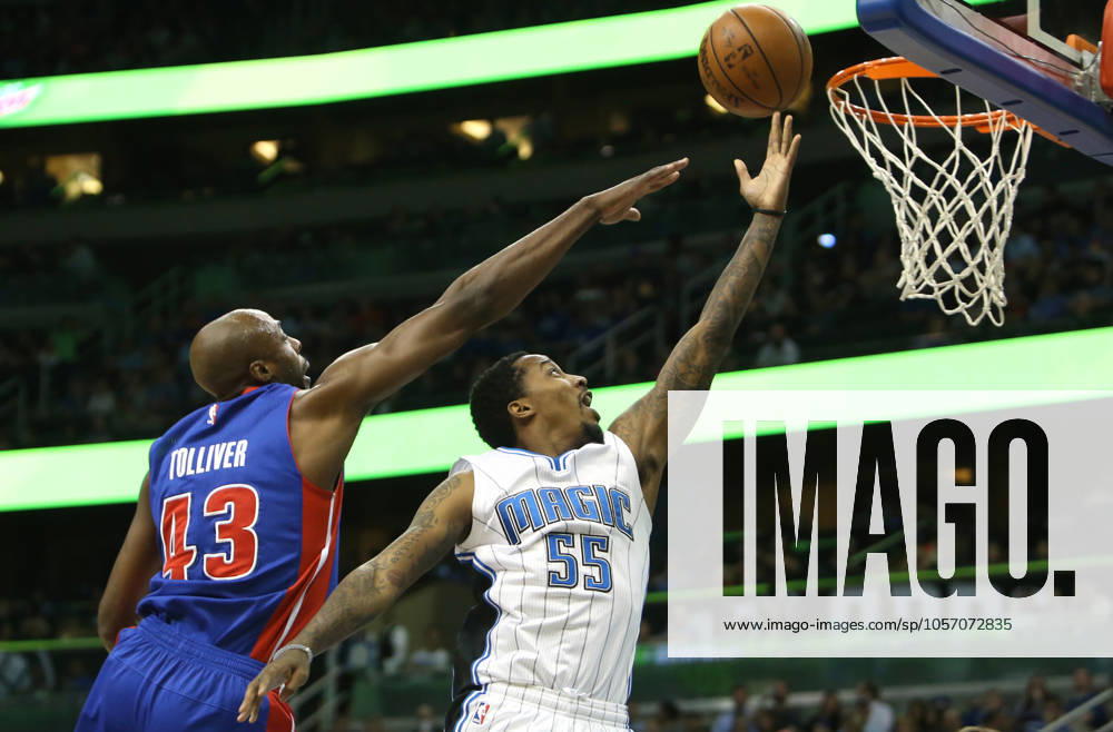 Detroit Pistons at Orlando Magic Orlando guard Brandon Jennings (55) lays the ball up against Detroit forward Anthony Tolliver (43) on Wednesday, April 6, 2016, at the Amway Center in Orlando, Fla. (Charles King Orlando Sentinel TNS) Orlando FL USA