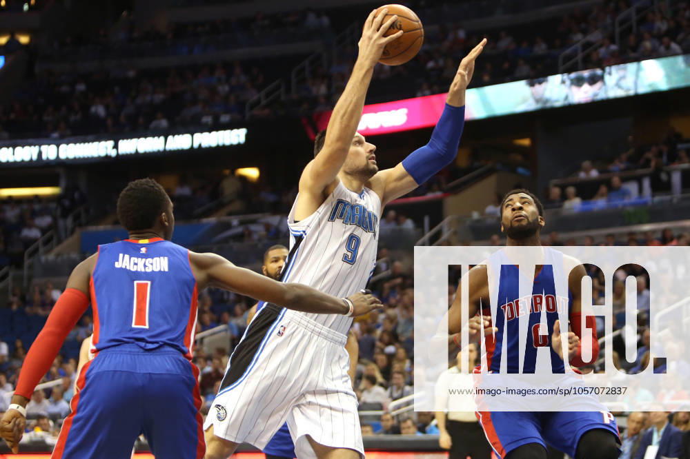 Detroit Pistons at Orlando Magic Orlando center Nikola Vucevic (9) attempts a shot against Detroit center Andre Drummond (0) and Reggie Jackson (1) on Wednesday, April 6, 2016, at the Amway Center in Orlando, Fla. (Charles King Orlando Sentinel TNS) Orlando FL USA