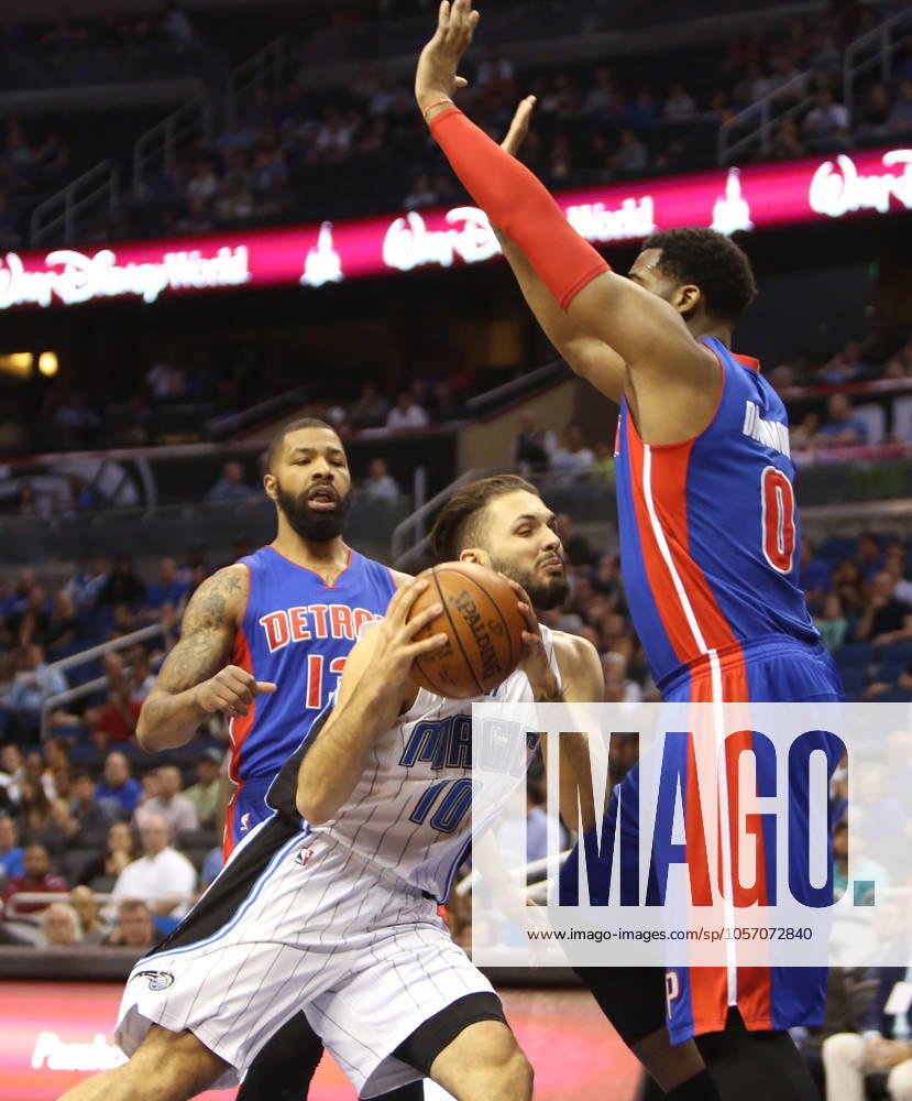 Detroit Pistons at Orlando Magic Orlando forward Evan Fournier (10) drives into Detroit center Andre Drummond (0) on Wednesday, April 6, 2016, at the Amway Center in Orlando, Fla. (Charles King Orlando Sentinel TNS) Orlando FL USA