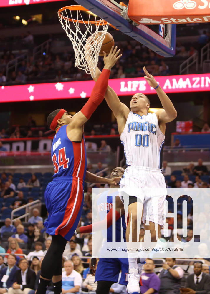 Detroit Pistons at Orlando Magic Orlando forward Aaron Gordon (00) attempts a shot against Detroit forward Tobias Harris (34) on Wednesday, April 6, 2016, at the Amway Center in Orlando, Fla. (Charles King Orlando Sentinel TNS) Orlando FL USA