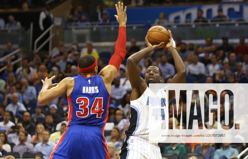 Detroit Pistons at Orlando Magic Orlando forward Andrew Nicholson (44) attempts a shot against Detroit forward Tobias Harris (34) on Wednesday, April 6, 2016, at the Amway Center in Orlando, Fla. (Charles King Orlando Sentinel TNS) Orlando FL USA