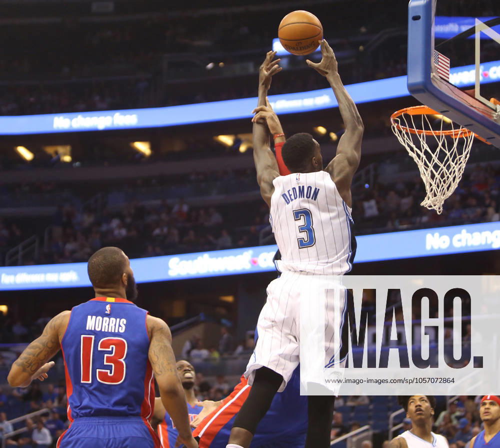 Detroit Pistons at Orlando Magic Orlando center Dewayne Dedmon (3) is fouled by Detroit center Andre Drummond attempting to catch a lob pass for a dunk while forward Marcus Morris (13) watches on Wednesday, April 6, 2016, at the Amway Center in Orlando, Fla. (Charles King Orlando Sentinel TNS) Orlando FL USA