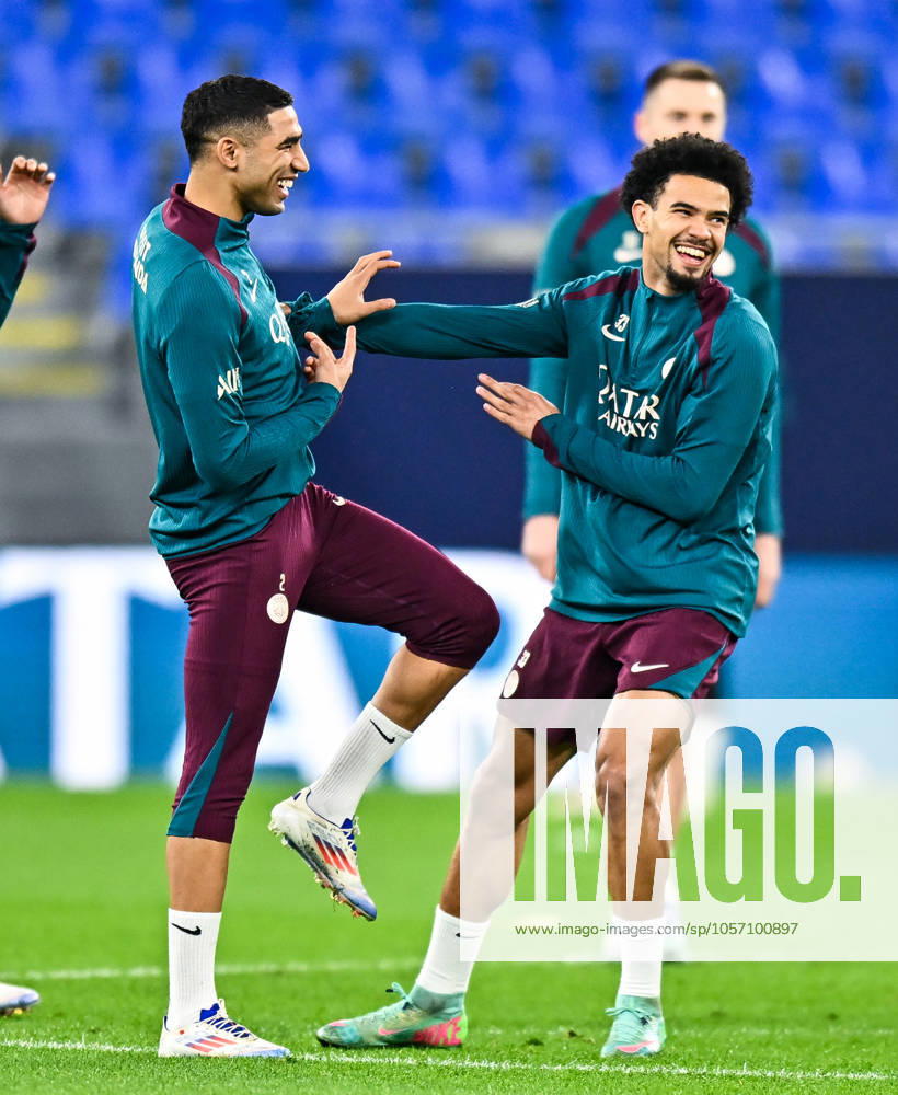 French Super Cup (Trophee des Champions) - Paris Saint-Germain training session Achraf Hakimi and Warren Zaire-Emery of Paris Saint-Germain attend a training session ahead of the French Super Cup (Trophee des Champions) match between Paris Saint-Germain (PSG) and AS Monaco at the 974 stadium in Doha, Qatar on January 4, 2025.