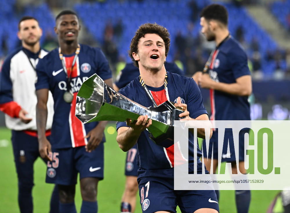 French Super Cup (Trophee des Champions) - Paris Saint-Germain vs AS Monaco Joao Neves of Paris Saint-Germain celebrates with trophy after winning the French Super Cup (Trophee des Champions) football final match between Paris Saint-Germain (PSG) and AS Monaco at the 974 stadium in Doha, Qatar on January 5, 2025. DOHA Qatar