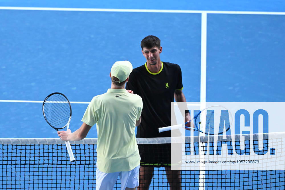TENNIS AO CHARITY SINNER POPYRIN, Jannik Sinner of Italy (left) congratulates Alexei Popyrin of Australia after Sinner defeated Poptyrin during the charity match between Jannik Sinner and Alexei Popyrin at Rod Laver Arena in Melbourne, Tuesday, January 7, 2025. ( NO ARCHIVING, , NO USE IN BOOKS WITHOUT CONSENT MELBOURNE VICTORIA AUSTRALIA