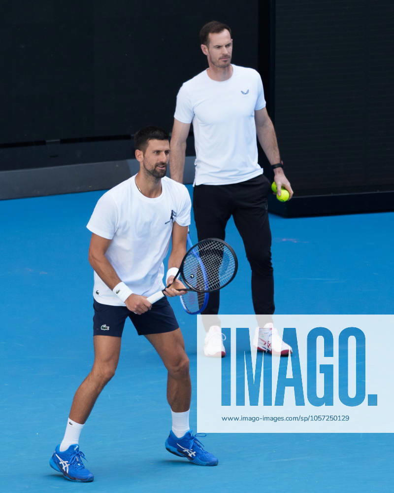 NOVAK DJOKOVIC of Serbia and his new coach ANDY MURRAY at a practise session prior to the start of the 2025 Australian Open in Melbourne, Australia. Cal Media Melbourne Australia - ZUMAc04_ 20250107_faf_c04_002