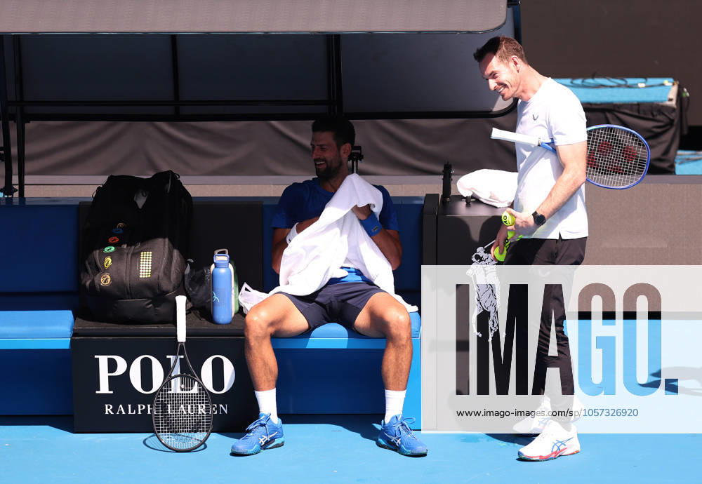 Andy Murray and Novak Djokovic laugh during a coaching session Australian Open, Thursday Previews, Tennis, Melbourne Park, Melbourne, Australia - 09 Jan 2025