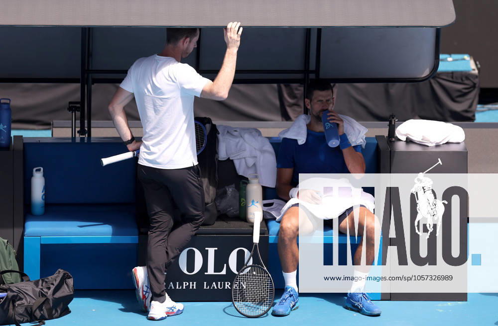 Andy Murray and Novak Djokovic during a coaching session Australian Open, Thursday Previews, Tennis, Melbourne Park, Melbourne, Australia - 09 Jan 2025