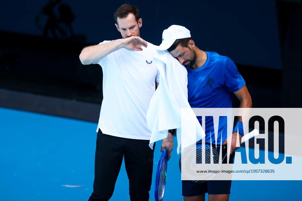 Novak Djokovic of Serbia practices ahead of the 2025 Australian Open with new coach Andy Murray at Melbourne Park on January 9, 2025 in Melbourne, Australia. - ZUMAp121 20250109_zsp_p121_028