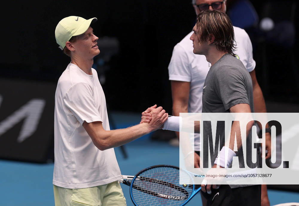 Jack Draper shakes hands with Jannik Sinner during practice Australian Open, Thursday Previews, Tennis, Melbourne Park, Melbourne, Australia - 09 Jan 2025