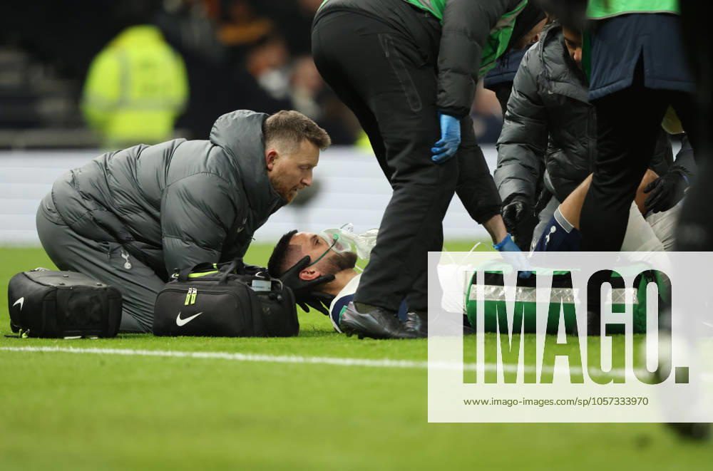 Rodrigo Bentancur (TH). injured at the Tottenham Hotspur v Liverpool, Carabao Cup Semi-Final 1st leg match, at the Tottenham Hotspur Stadium, London, UK on on 8th January 2025.