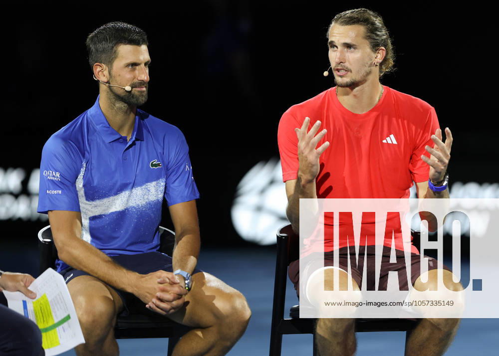 Alexander Zverev and Novak Djokovic give a post-match interview, A Night with Novak and Friends, Charity Match, Australian Open 2025 Melbourne Park, Melbourne, Victoria, Australia
