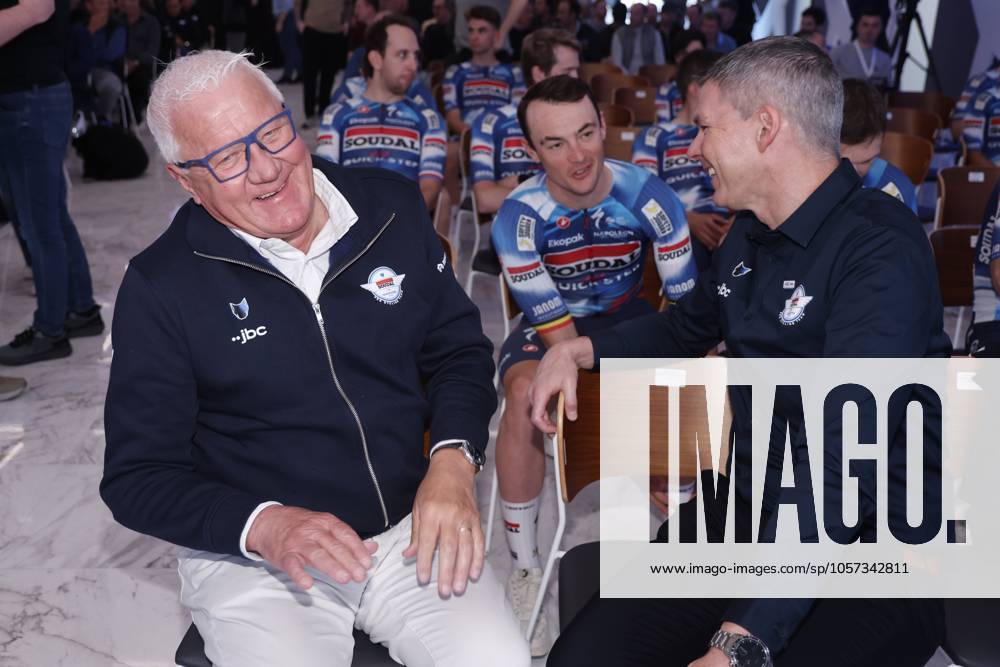 2025 Soudal Quick-Step Team Presentation CALP, SPAIN - JANUARY 09 : Fore Jurgen with Lefevere Patrick (BEL) General manager of Soudal - Quick Step is being honored for is career pictured during the 2025 team presentation of the Soudal Quick-Step pro cycling team on January 9, 2025 in Calp, SPAIN, 09 01 2025 Calp SPAIN