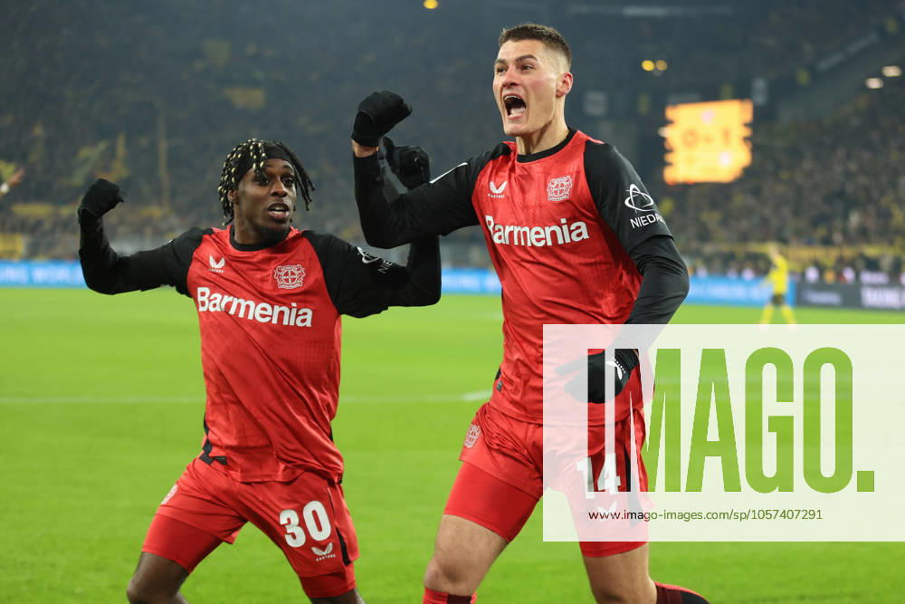 Goal celebration to 2 0 for Bayer 04 Leverkusen by Patrik Schick Bayer 04 Leverkusen, 14 with Jeremie Frimpong Bayer 04 Leverkusen, 30 GER, Borussia Dortmund vs Bayer 04 Leverkusen, Football, 1 Liga, Matchday 16, Season 2024 2025, 10 01 2025 DFL REGULATES PROHIBIT ANY USE OF PHOTOGRAPHS AS IMAGE SEQUENCES AND OR QUASI VIDEO GER, Borussia Dortmund vs Bayer 04 Leverkusen, Football, 1 Liga, Matchday 16, Season 2024 2025, 10 01 2025 Dortmund